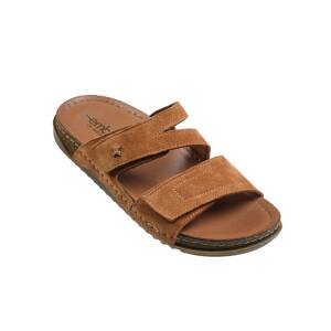 Embla slip-in sandal i brun mocka med justerbara kardborreremmar och anatomisk fotbädd