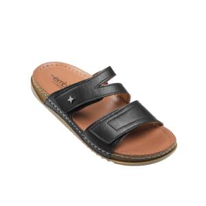 Embla slip-in sandal i svart skinn med justerbara kardborreremmar och anatomisk fotbädd