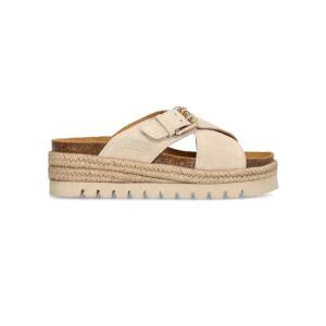 Sweeks Sonja sandal i beige mocka med kilsula och korslagda remmar