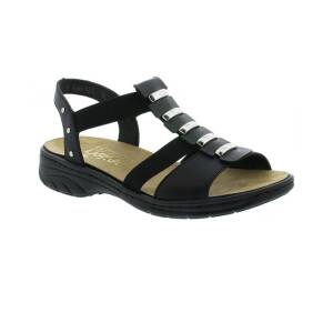 Rieker damsandaler 64580-00 svarta i skinn med kilklack Fot & Hälsokliniken Kungsbacka